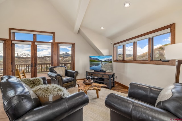 32 Cinnamon Mountain Rd, Mount Crested Butte, CO 81225 - living area with vaulted ceiling, baseboards, light wood-style flooring, and recessed lighting
