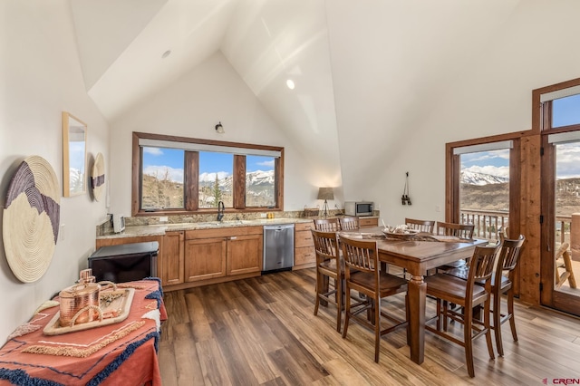 32 Cinnamon Mountain Rd, Mount Crested Butte, CO 81225 - dining room featuring dark wood-style floors and high vaulted ceiling