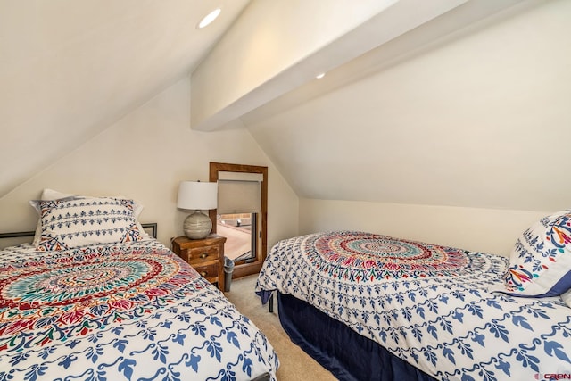 32 Cinnamon Mountain Rd, Mount Crested Butte, CO 81225 - bedroom with light colored carpet, lofted ceiling, and recessed lighting