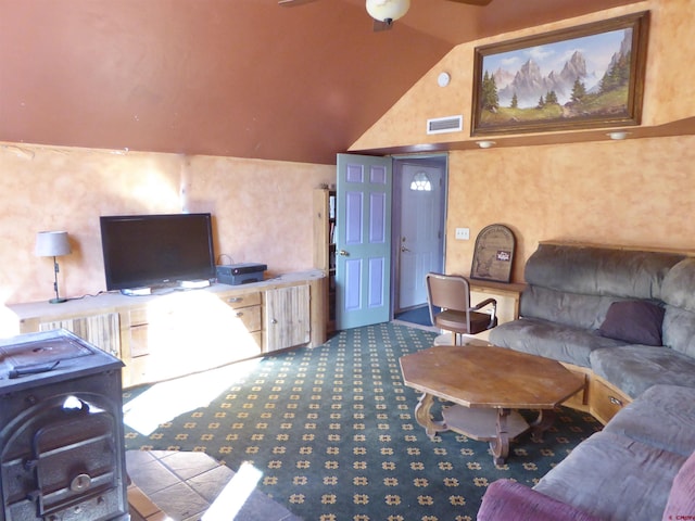 858 Reese St, Silverton, CO 81433 - living area with vaulted ceiling, carpet, and ceiling fan