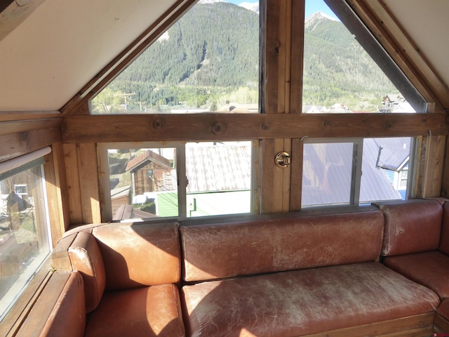 858 Reese St, Silverton, CO 81433 - living area with a mountain view, vaulted ceiling, and a wooded view