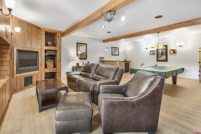 584 Oren Rd, Pagosa Springs, CO 81147 - living area with beamed ceiling, light wood finished floors, billiards table, wet bar, and recessed lighting