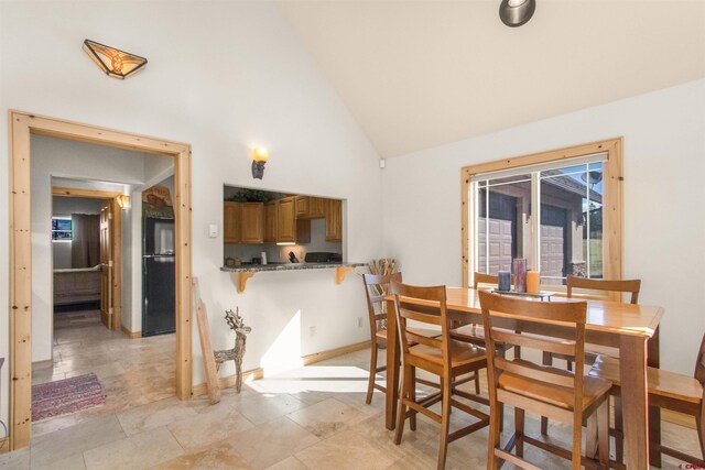 584 Oren Rd, Pagosa Springs, CO 81147 - dining space with high vaulted ceiling and baseboards