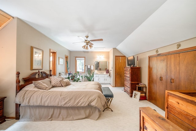 520 Los Ranchitos Dr, Durango, CO 81301 - bedroom with light carpet, lofted ceiling, and ceiling fan