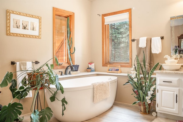 520 Los Ranchitos Dr, Durango, CO 81301 - full bathroom with a freestanding tub, vanity, wood finished floors, and baseboards