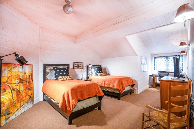 bedroom with wood ceiling, carpet flooring, vaulted ceiling, and wooden walls