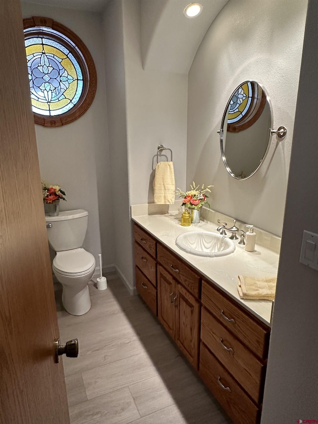 20 Meadow Ln, Monte Vista, CO 81144 - half bathroom featuring toilet, vanity, wood finished floors, and baseboards