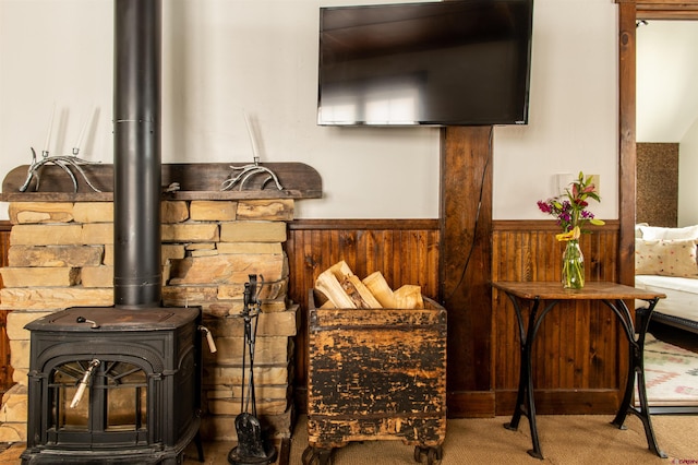209 Whiterock Ave, Crested Butte, CO 81224 - detailed view of a wood stove, wainscoting, and carpet floors
