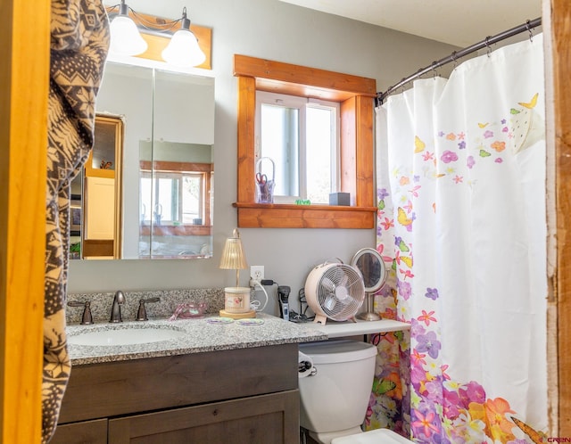 bathroom featuring vanity, toilet, and a shower with curtain