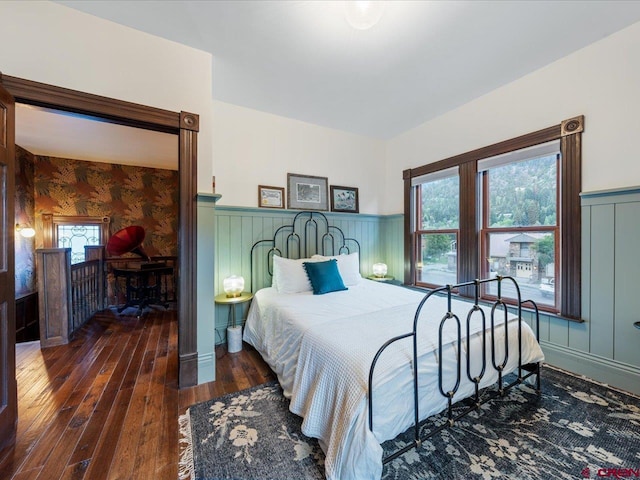 645 2nd St, Ouray, CO 81427 - bedroom featuring dark wood-style floors, a wainscoted wall, and a decorative wall