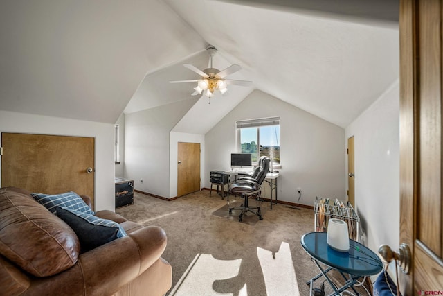 11611 Rd 28.1, Dolores, CO 81323 - office area featuring lofted ceiling, carpet floors, and a ceiling fan