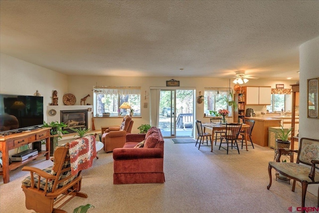 16 Mosswood Dr, Pagosa Springs, CO 81147 - living room with a textured ceiling, light colored carpet, a ceiling fan, and a glass covered fireplace