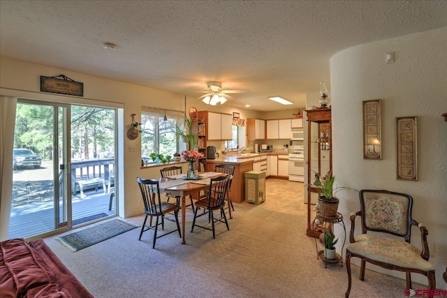 16 Mosswood Dr, Pagosa Springs, CO 81147 - dining space featuring light carpet, a textured ceiling, ceiling fan, and a textured wall