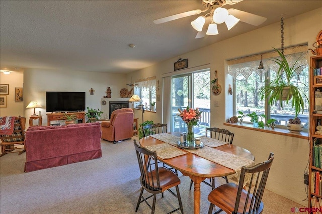 16 Mosswood Dr, Pagosa Springs, CO 81147 - dining space featuring a ceiling fan, a textured ceiling, and light colored carpet