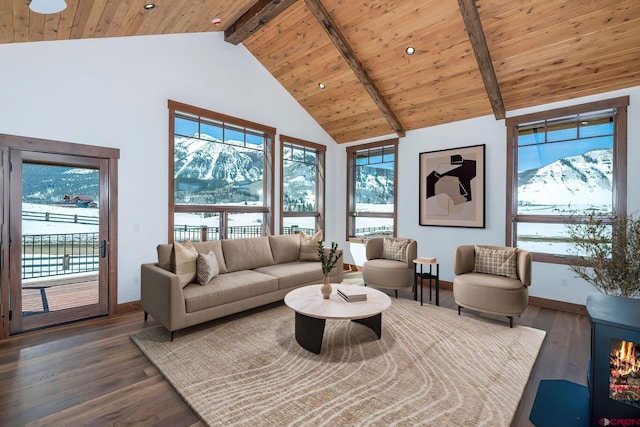 70 Lexie Ct, Crested Butte, CO 81224 - living room with wood finished floors, wood ceiling with exposed beams, high vaulted ceiling, baseboards, and a mountain view
