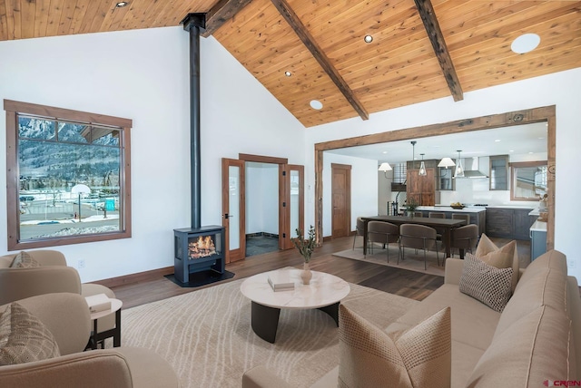 70 Lexie Ct, Crested Butte, CO 81224 - living room with a wood stove, wood finished floors, wooden ceiling with exposed beams, high vaulted ceiling, and baseboards