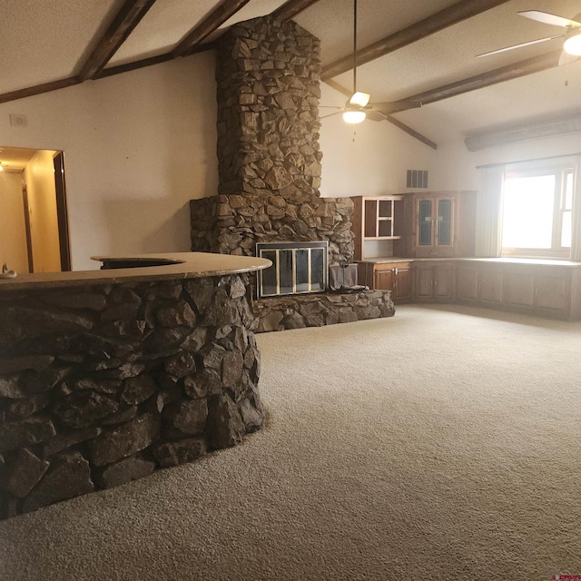1016 Ln 12 N, Hooper, CO 81136 - carpeted living room with a ceiling fan and a fireplace