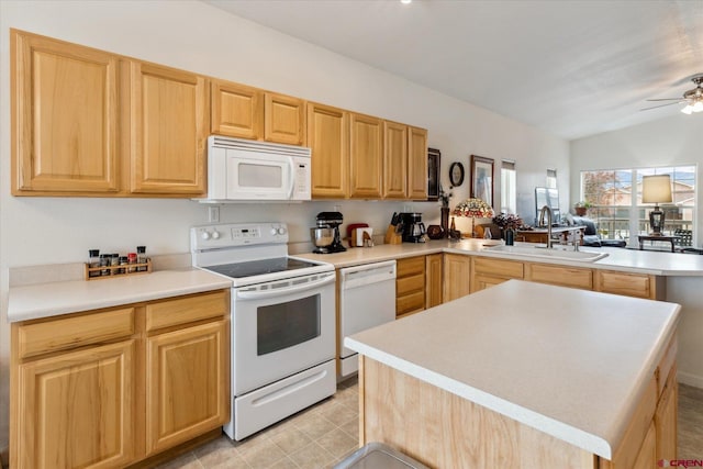 502 S Juniper Pl, Cortez, CO 81321 - kitchen featuring white appliances, a sink, a peninsula, light brown cabinets, and a ceiling fan
