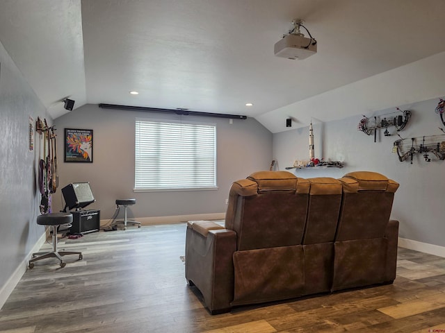 1771 Trappers Ct, Delta, CO 81416 - home theater with vaulted ceiling, wood finished floors, and baseboards