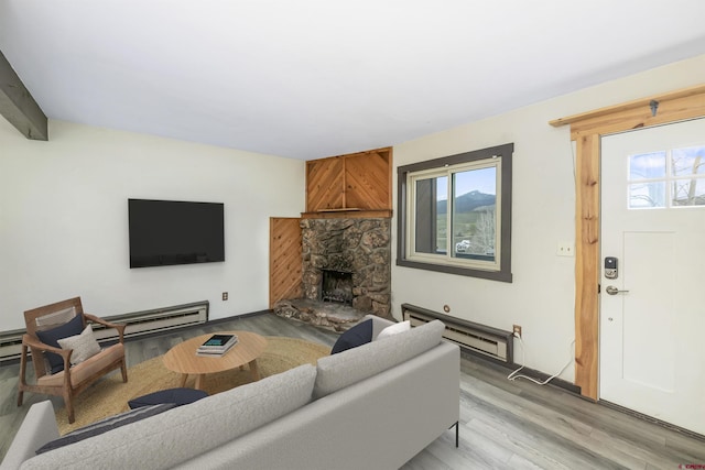 22 Castle Rd Unit 2, Mount Crested Butte, CO 81225 - living room with a baseboard heating unit, healthy amount of natural light, and light wood finished floors