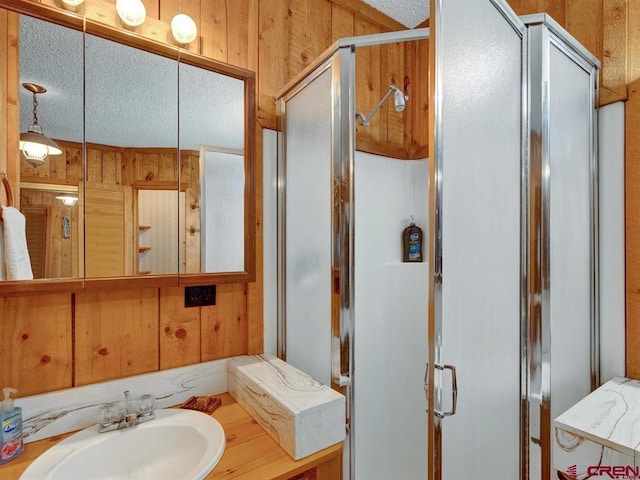 bathroom featuring a sink, a stall shower, and wooden walls