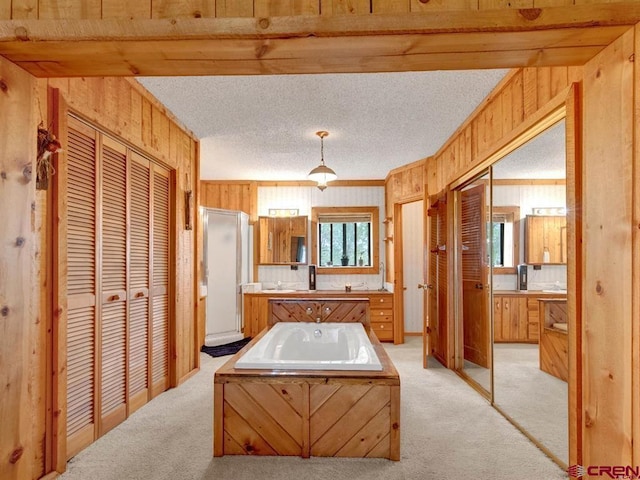 full bath featuring wood walls, a garden tub, a closet, vanity, and an enclosed shower
