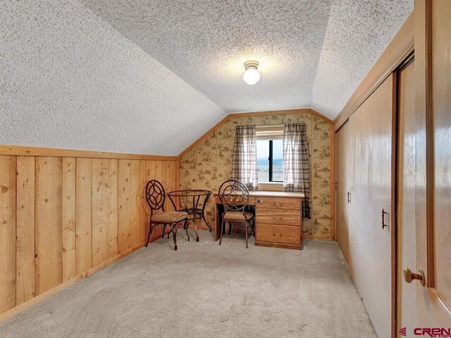 office space featuring vaulted ceiling, light carpet, and a textured ceiling