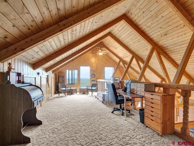 bedroom featuring carpet floors, wood ceiling, and a desk