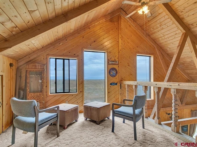 sitting room featuring wooden ceiling, ceiling fan, and wood walls