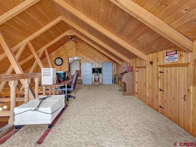 office with wooden ceiling, wood walls, and carpet