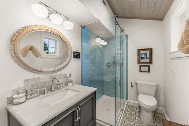 414 N Spruce St, Gunnison, CO 81230 - bathroom with a shower stall, toilet, vanity, baseboards, and backsplash