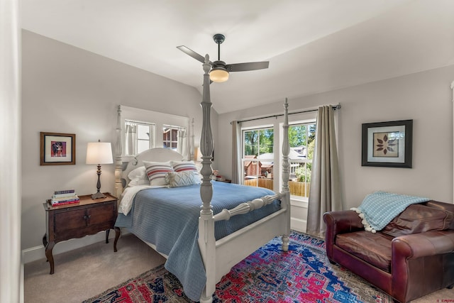 414 N Spruce St, Gunnison, CO 81230 - bedroom featuring carpet flooring, baseboards, a ceiling fan, and lofted ceiling