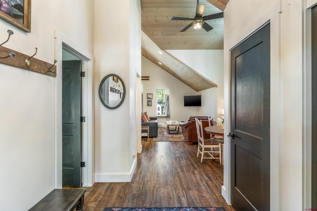 414 N Spruce St, Gunnison, CO 81230 - entrance foyer with a ceiling fan, dark wood finished floors, wooden ceiling, vaulted ceiling, and baseboards