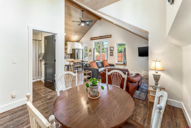 414 N Spruce St, Gunnison, CO 81230 - dining space with baseboards, wood finished floors, a ceiling fan, high vaulted ceiling, and beam ceiling