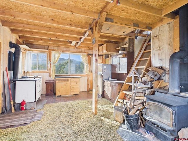 351 Slide Down Rd, Crawford, CO 81415 - misc room featuring a wood stove, a mountain view, and wooden walls