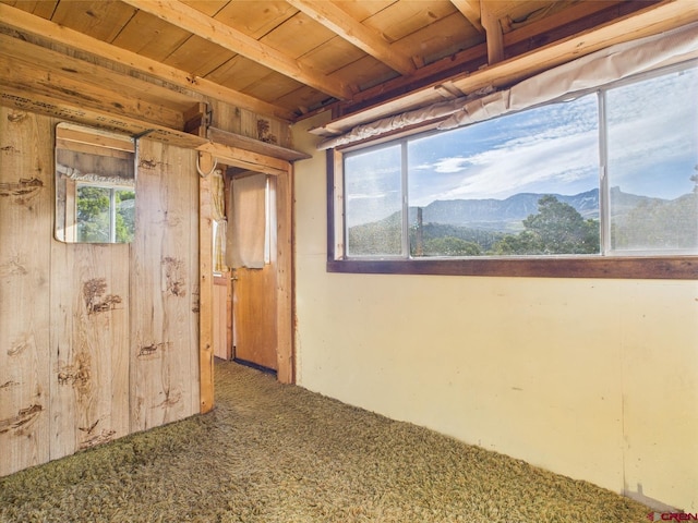 351 Slide Down Rd, Crawford, CO 81415 - carpeted spare room with wood ceiling, wood walls, a mountain view, and beamed ceiling