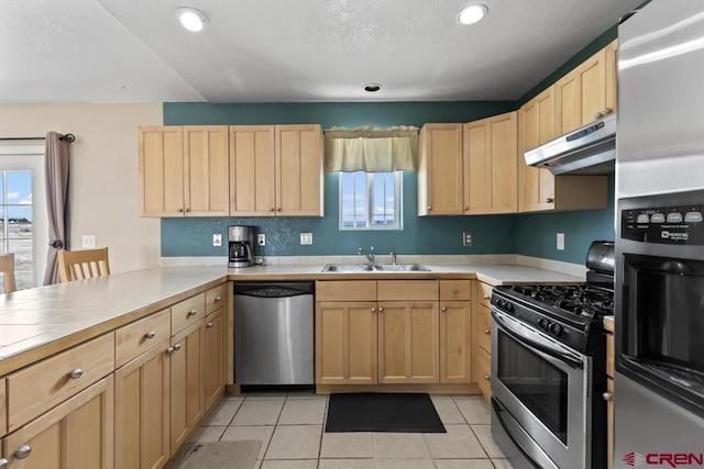 19496 E Rd, Delta, CO 81416 - kitchen with stainless steel appliances, under cabinet range hood, a sink, light brown cabinetry, and a peninsula