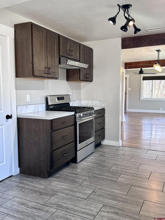 2375 W 2nd Ave, Durango, CO 81301 - kitchen with gas range, under cabinet range hood, dark brown cabinetry, wood finished floors, and light countertops