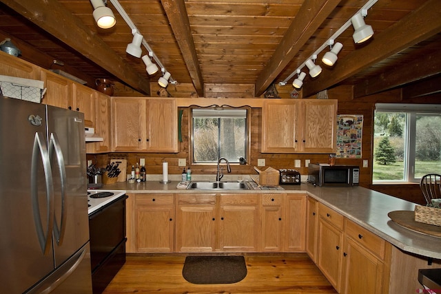kitchen with stainless steel appliances, a sink, track lighting, under cabinet range hood, and plenty of natural light