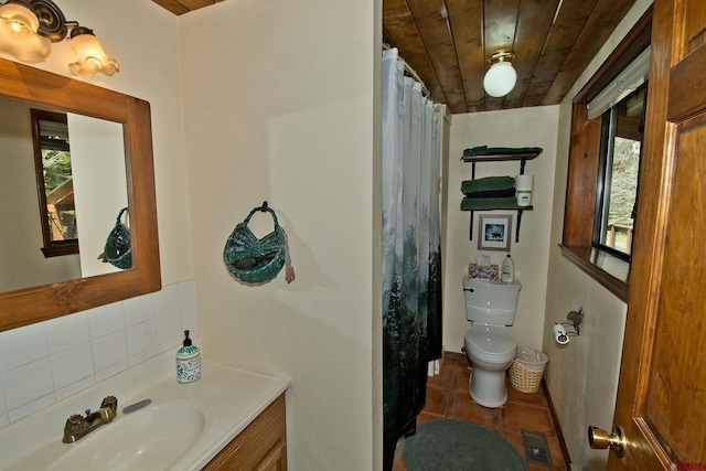 full bathroom featuring tasteful backsplash, healthy amount of natural light, wooden ceiling, vanity, and tile patterned floors