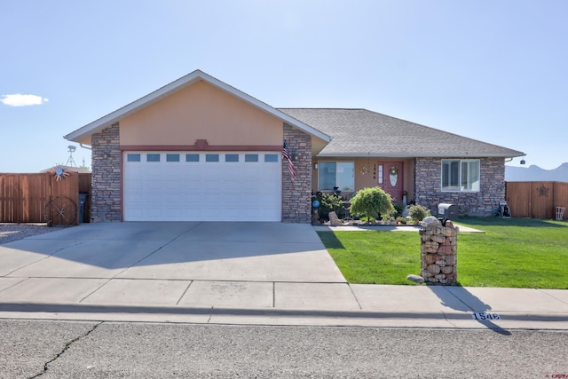 1546 Golf Course Ln, Cortez, CO 81321 - single story home featuring stone siding, an attached garage, concrete driveway, and a shingled roof