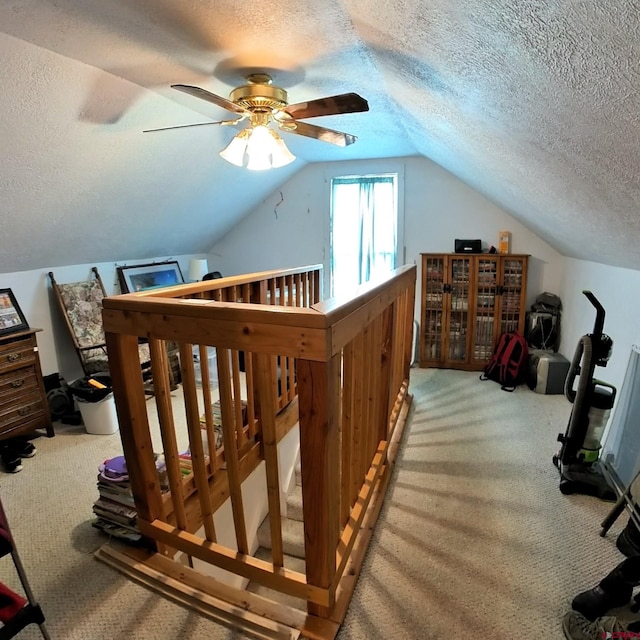 230 NW 5th St, Cedaredge, CO 81413 - additional living space with carpet flooring, a textured ceiling, lofted ceiling, and a ceiling fan