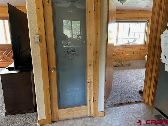 21330 Rd V.6, Lewis, CO 81327 - doorway to outside with light colored carpet and a ceiling fan