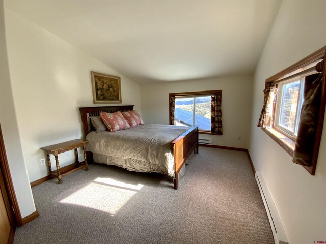 865 County Road 17, Gunnison, CO 81230 - bedroom featuring vaulted ceiling, a baseboard heating unit, carpet floors, and baseboards