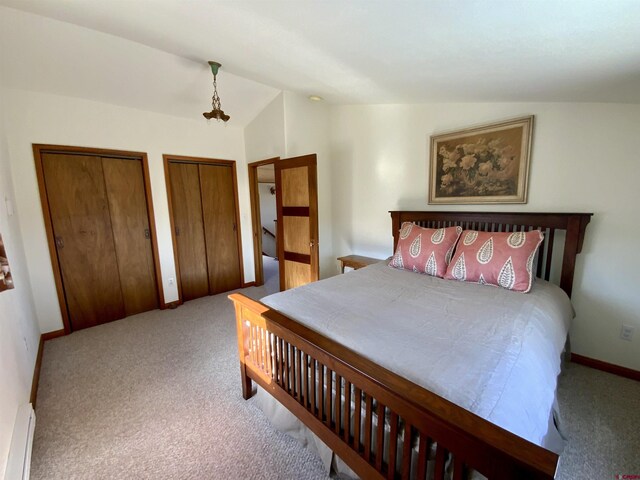 865 County Road 17, Gunnison, CO 81230 - bedroom featuring carpet flooring, multiple closets, baseboard heating, lofted ceiling, and baseboards