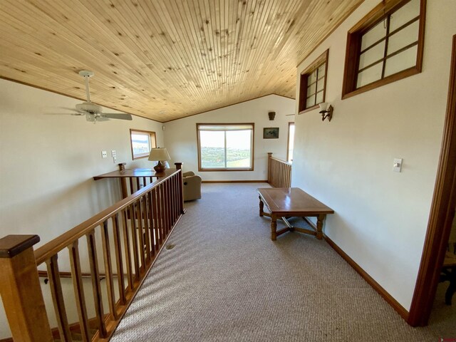 865 County Road 17, Gunnison, CO 81230 - corridor featuring carpet flooring, wood ceiling, baseboards, vaulted ceiling, and an upstairs landing