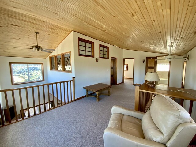 865 County Road 17, Gunnison, CO 81230 - sitting room featuring lofted ceiling, carpet floors, wood ceiling, ceiling fan, and baseboards