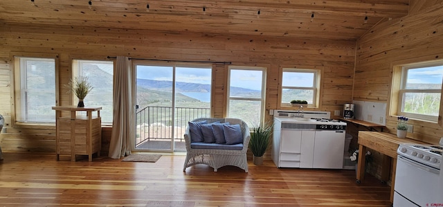 11975 US Highway 50, Gunnison, CO 81230 - kitchen featuring electric range, white gas range oven, wood walls, vaulted ceiling, and light wood-type flooring