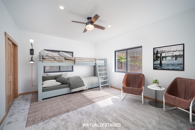 26217 Rd 38.5, Dolores, CO 81323 - carpeted bedroom featuring baseboards, ceiling fan, and recessed lighting