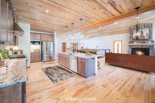 26217 Rd 38.5, Dolores, CO 81323 - kitchen featuring stainless steel appliances, a sink, light wood-style floors, wood ceiling, and open floor plan